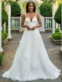 A-line V-Neck Sleeveless Sweep Train Organza Stunning Wedding Dresses