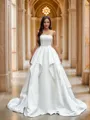 Ball Gown Strapless Cute Sleeveless Court Train Satin Wedding Dresses