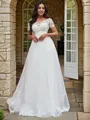 A-line Charming Scoop Short Sleeves Sweep Train Tulle Wedding Dresses