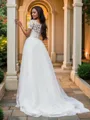 A-line Charming Scoop Short Sleeves Sweep Train Tulle Wedding Dresses