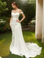 Sheath/Column Off-the-Shoulder Flattering Sleeveless Court Train Charmeuse Wedding Dresses