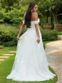 Chic A-line Off-the-Shoulder Sleeveless Sweep Train Lace Wedding Dresses