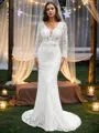 Sheath/Column V-Neck Long Sleeves Sweep Train Refined Lace Wedding Dresses