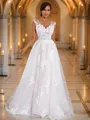 A-line V-Neck Feminine Sleeveless Sweep Train Lace Wedding Dresses