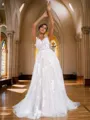 A-line V-Neck Feminine Sleeveless Sweep Train Lace Wedding Dresses