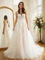 A-line V-Neck Trendy Sleeveless Chapel Train Tulle Wedding Dresses