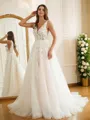 A-line V-Neck Trendy Sleeveless Chapel Train Tulle Wedding Dresses