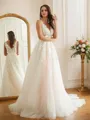 A-line V-Neck Trendy Sleeveless Chapel Train Tulle Wedding Dresses