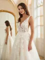 A-line V-Neck Trendy Sleeveless Chapel Train Tulle Wedding Dresses