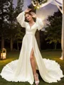 A-line V-Neck Pretty Long Sleeves Cathedral Train Satin Chiffon Wedding Dresses