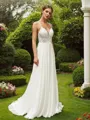 A-line V-Neck Sophisticated Sleeveless Sweep Train Chiffon Wedding Dresses