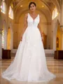 A-line V-Neck Sleeveless Beautiful Sweep Train Lace Wedding Dresses
