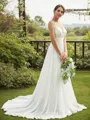 A-line Scoop Feminine Sleeveless Sweep Train Chiffon Wedding Dresses