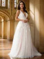 A-line Scoop Modest Sleeveless Sweep Train Tulle Wedding Dresses