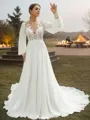A-line Scoop Chic Long Sleeves Chapel Train Chiffon Wedding Dresses