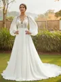 A-line Scoop Chic Long Sleeves Chapel Train Chiffon Wedding Dresses