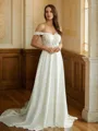 A-line Off-the-Shoulder Classy Short Sleeves Court Train Stretch Crepe Wedding Dresses