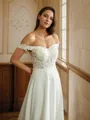 A-line Off-the-Shoulder Classy Short Sleeves Court Train Stretch Crepe Wedding Dresses