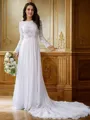 A-line Scoop Flowing Long Sleeves Cathedral Train Chiffon Wedding Dresses