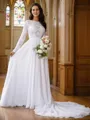 A-line Scoop Flowing Long Sleeves Cathedral Train Chiffon Wedding Dresses