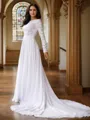 A-line Scoop Flowing Long Sleeves Cathedral Train Chiffon Wedding Dresses