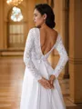 A-line Scoop Flowing Long Sleeves Cathedral Train Chiffon Wedding Dresses