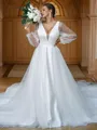 A-line Classy V-Neck Long Sleeves Court Train Tulle Wedding Dresses