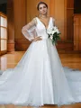 A-line Classy V-Neck Long Sleeves Court Train Tulle Wedding Dresses
