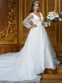 A-line Classy V-Neck Long Sleeves Court Train Tulle Wedding Dresses