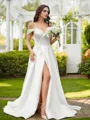 A-line Off-the-Shoulder Sleeveless Sweep Train Charming Satin Wedding Dresses