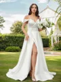 A-line Off-the-Shoulder Sleeveless Sweep Train Charming Satin Wedding Dresses