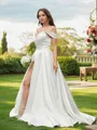 A-line Off-the-Shoulder Sleeveless Sweep Train Charming Satin Wedding Dresses
