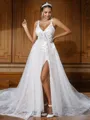 A-line Chic V-Neck Sleeveless Sweep Train Lace Wedding Dresses