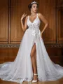 A-line Chic V-Neck Sleeveless Sweep Train Lace Wedding Dresses