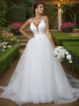 A-line V-Neck Sleeveless Sweep Train Elegant Tulle Wedding Dresses