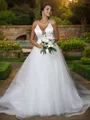 A-line V-Neck Sleeveless Sweep Train Elegant Tulle Wedding Dresses