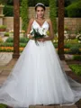 A-line V-Neck Sleeveless Sweep Train Elegant Tulle Wedding Dresses