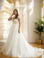 A-line V-Neck Simple Short Sleeves Court Train Organza Wedding Dresses