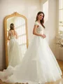 A-line V-Neck Simple Short Sleeves Court Train Organza Wedding Dresses