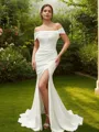 Sheath/Column Off-the-Shoulder Polished Sleeveless Sweep Train Stretch Crepe Wedding Dresses
