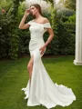Sheath/Column Off-the-Shoulder Polished Sleeveless Sweep Train Stretch Crepe Wedding Dresses
