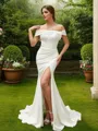 Sheath/Column Off-the-Shoulder Polished Sleeveless Sweep Train Stretch Crepe Wedding Dresses