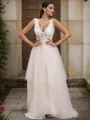 A-line V-Neck Sleeveless Sweep Train Charming Tulle Wedding Dresses