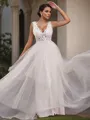 A-line V-Neck Sleeveless Sweep Train Charming Tulle Wedding Dresses