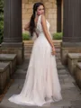 A-line V-Neck Sleeveless Sweep Train Charming Tulle Wedding Dresses