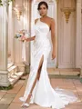 Sheath/Column One-Shoulder Chic Sleeveless Sweep Train Satin Wedding Dresses