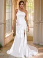 Sheath/Column One-Shoulder Chic Sleeveless Sweep Train Satin Wedding Dresses