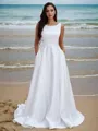 A-line Scoop Sleeveless Classic Sweep Train Satin Wedding Dresses