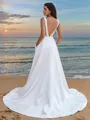 A-line Scoop Sleeveless Classic Sweep Train Satin Wedding Dresses