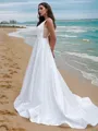 A-line Scoop Sleeveless Classic Sweep Train Satin Wedding Dresses